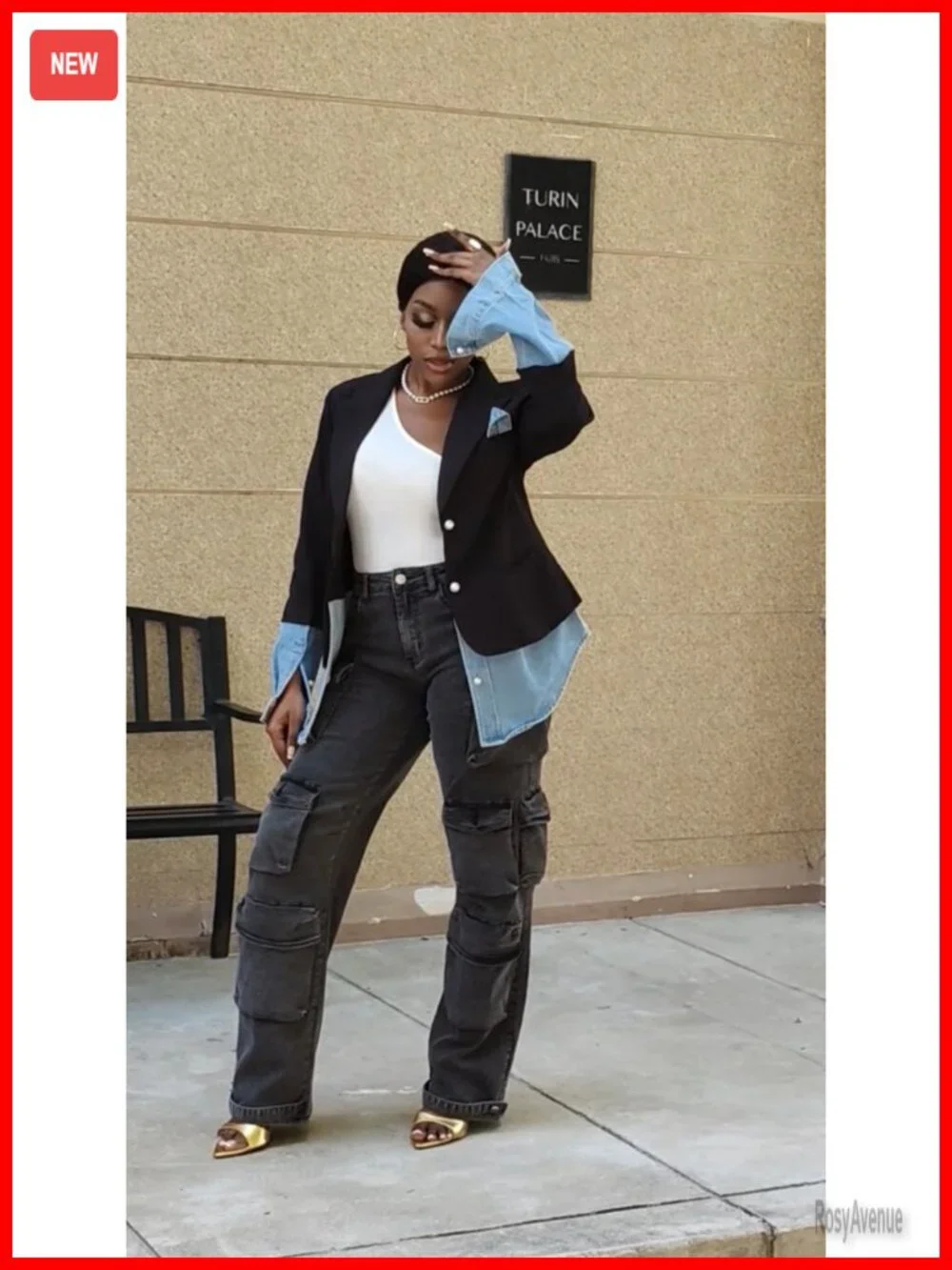 Patchwork Denim Blazer Jacket with Pearls